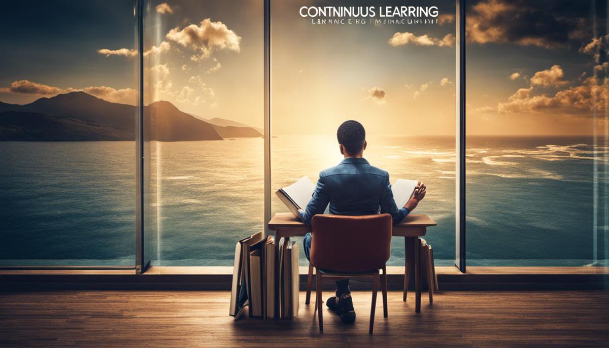 Image depicting a person reading a book with the words 'continuous learning' in the background.