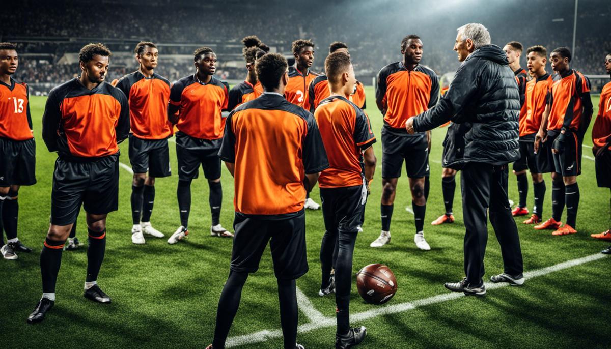 An image of a coach giving instructions to a team of players during a football match.