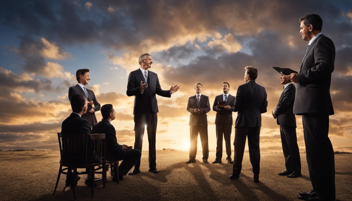 Image depicting a leader telling a story to a team, creating engagement and connection