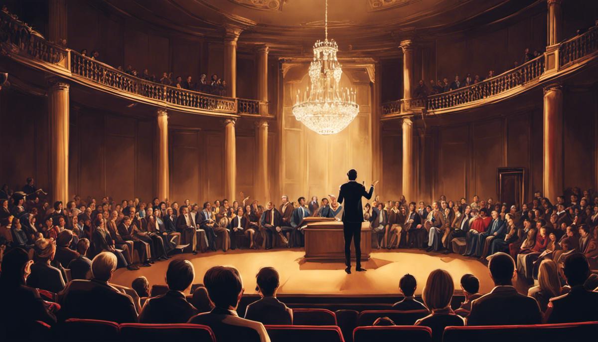 Image of a person telling a story to a captivated audience, illustrating the power of storytelling in leadership.