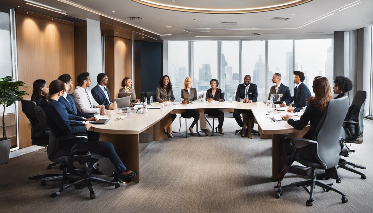 A group of diverse professionals collaborating in a meeting room.