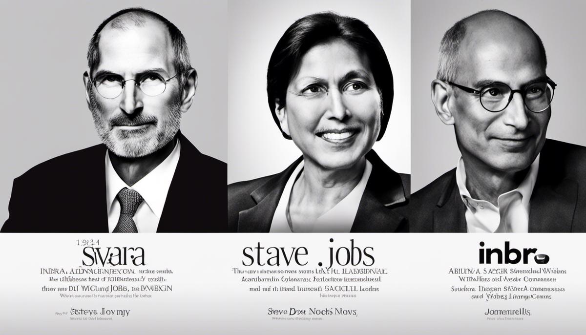 Image of successful leadership interviews, showing three individuals: Steve Jobs, Indra Nooyi, and Satya Nadella, with captions showcasing their names and companies.