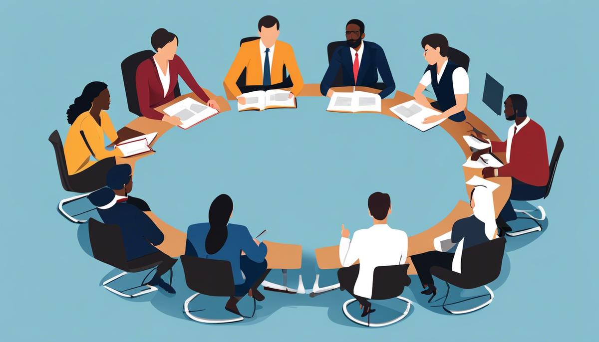 A group of diverse people sitting in a circle, engaging in a discussion, representing effective leadership communication techniques.