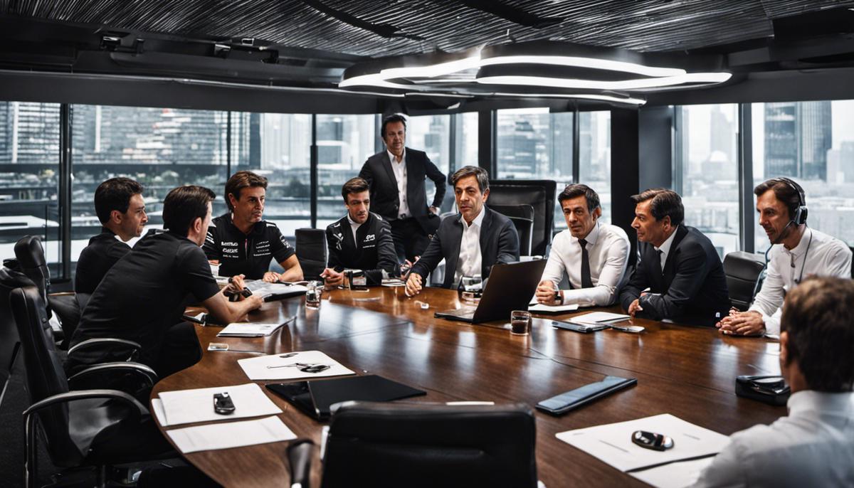 Toto Wolff in a business meeting, discussing strategies with his team.