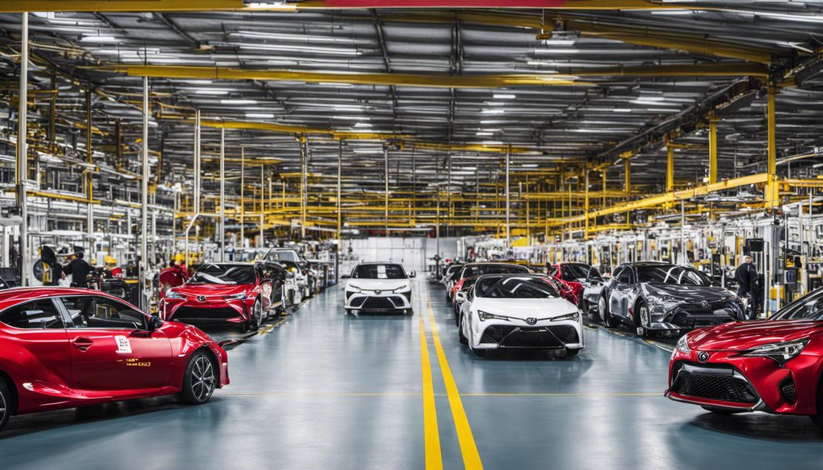 An image showing the implementation of Toyota's lean manufacturing philosophy in an automotive factory.