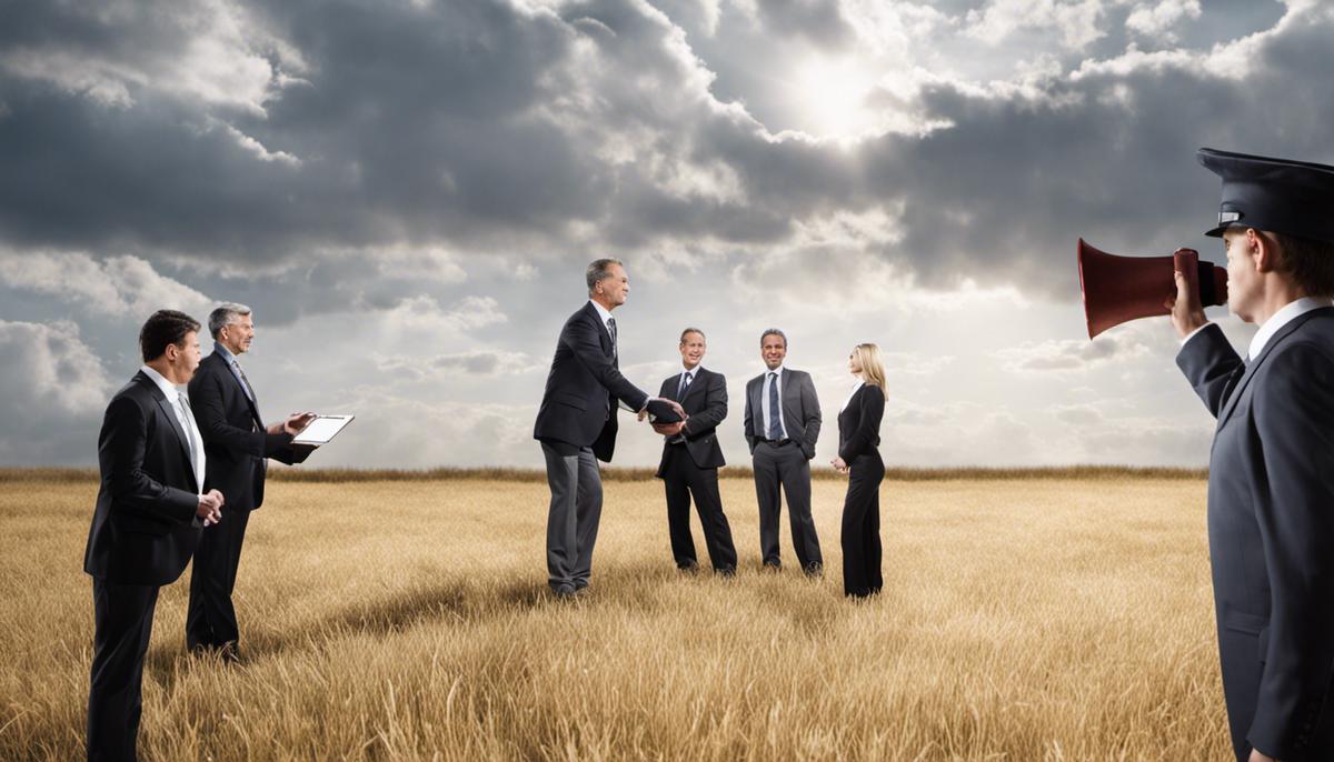 A visual representation of transactional leadership showing a leader giving instructions to a group of employees and providing rewards and penalties based on their performance.