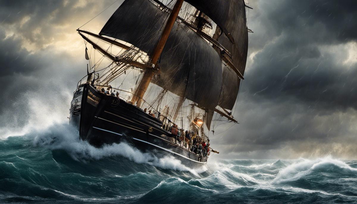 An image of a leader confidently guiding a team through a stormy sea