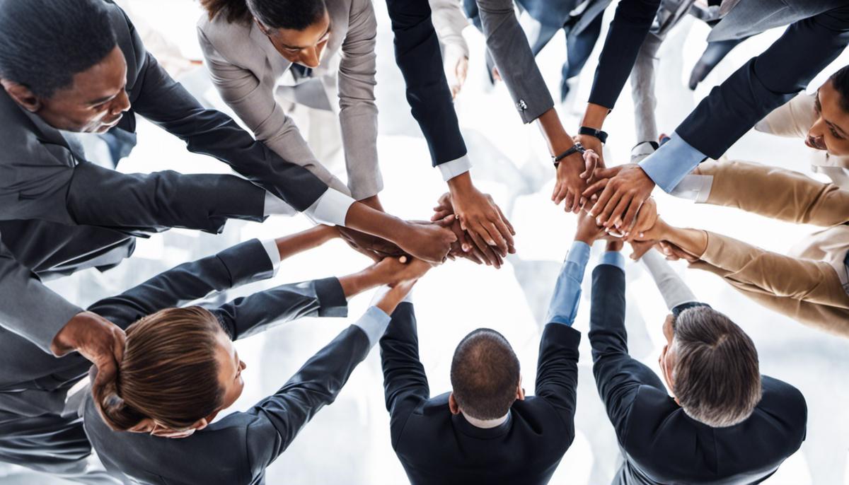 Image of a diverse team working together with a leader at the center, representing different leadership styles and teamwork.