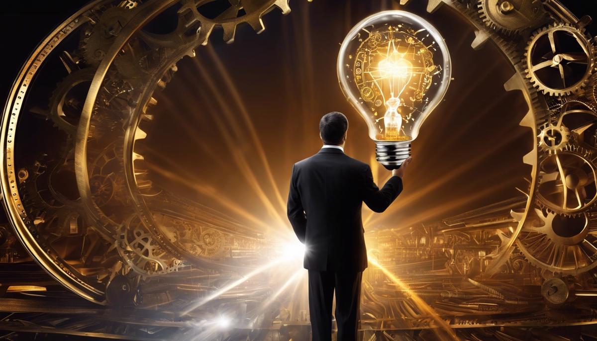 Image depicting a visionary leader with a lightbulb shining above their head and gears turning around them, representing innovation and forward-thinking