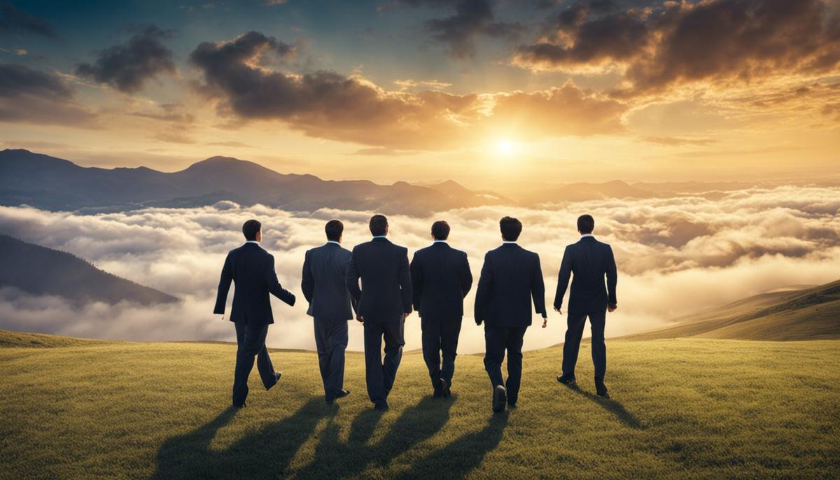 Image depicting a person with a vision guiding a group of individuals towards success