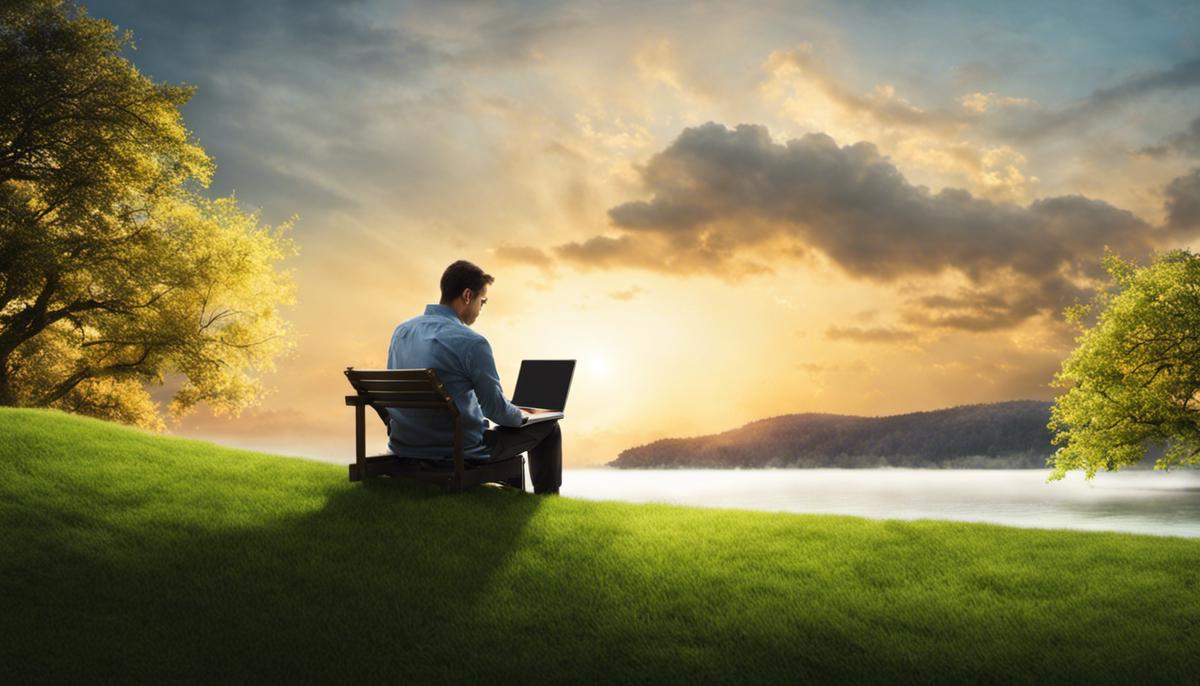 A person working on a laptop while enjoying the outdoors to represent achieving work-life balance.